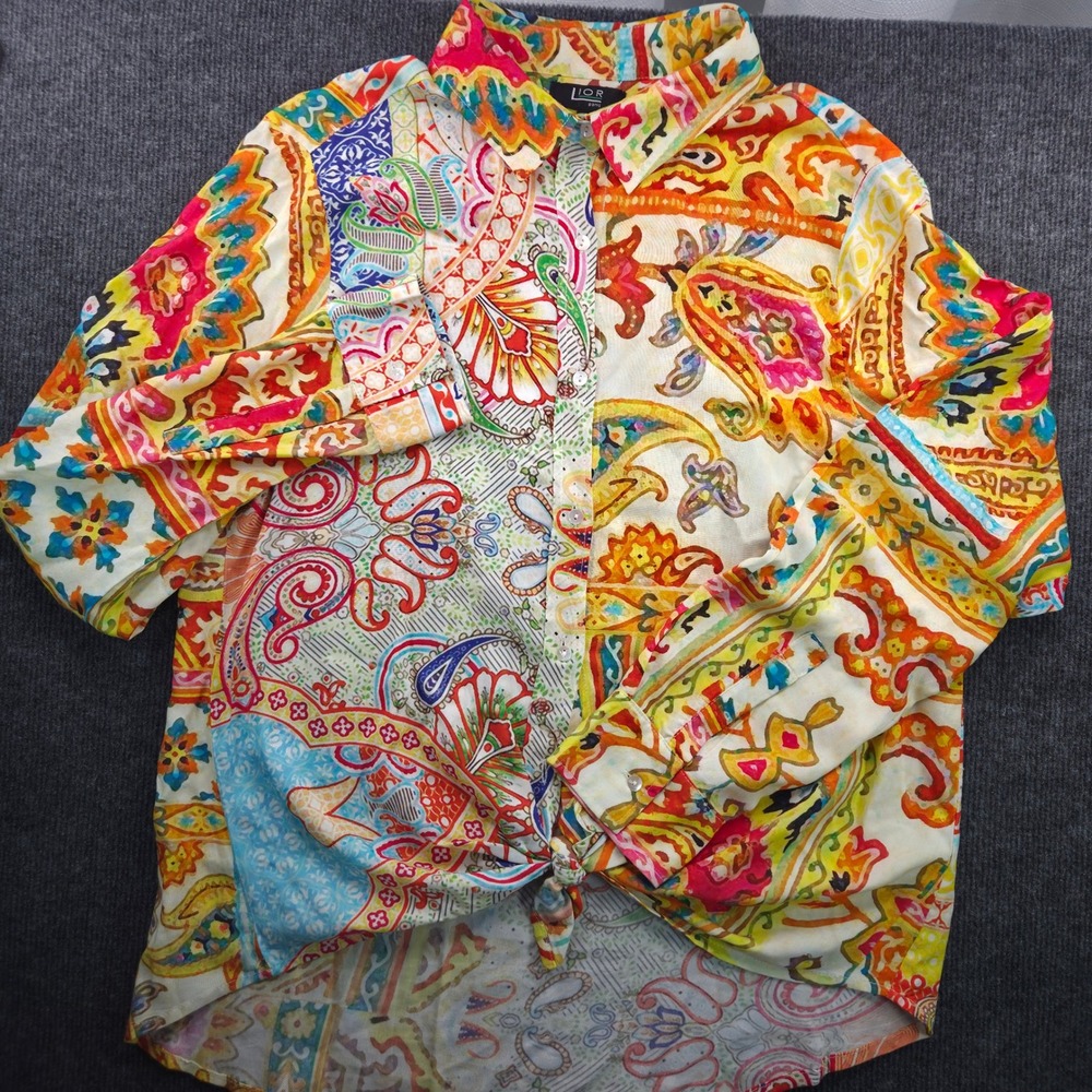 Lior Paris Women Large Button Down Shirt Paisley Mixed Media Print Front Tie L